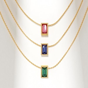 Baguette Birthstone Pendant Necklace, 14k Solid Gold Personalized Necklace for Women, Moving Charm Emerald Sapphire Gemstone for Everyday