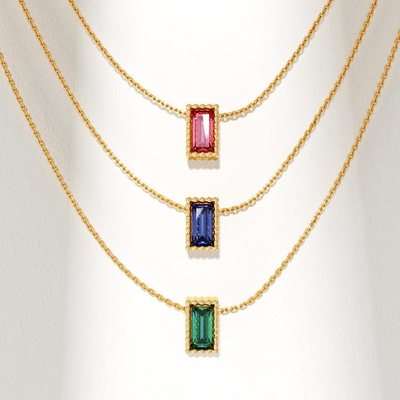 Baguette Birthstone Pendant Necklace, 14k Solid Gold Personalized