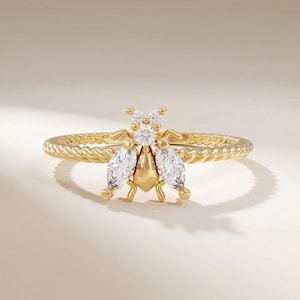 14k Solid Gold Bee Ring, Dainty Nature Inspired Jewelry, Symbolic Honey Bee Pinky Band, Meaningful Birthday Gift for Her, Small Animal Ring