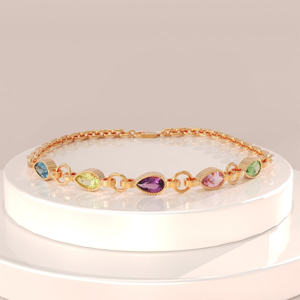 Solid Gold Birthstone Bracelet, 14k Gold Pear Stone Family Birthstone Bracelet, Custom Gemstone Bracelet, Mothers Personalised Gift Bracelet