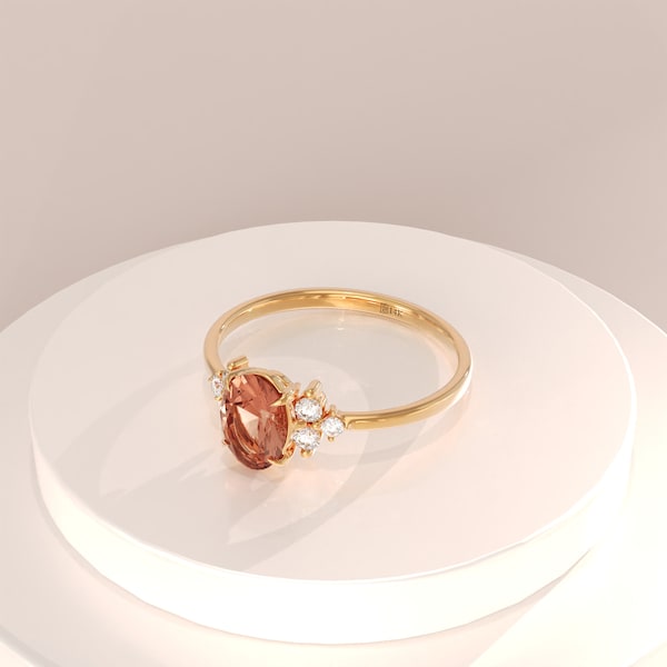 14k Padparadscha Sapphire Ring, Solid Gold Vintage Engagement Ring, Orange Gemstone Proposal Ring, Womens Oval Solitaire Ring, Gift for Her