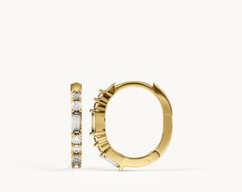 14k Solid Gold Alternating Hoop Earrings, Baguette and Round Diamond Huggie, Luxury Classic Daily Jewelry, Unique Bridal Gift for Women