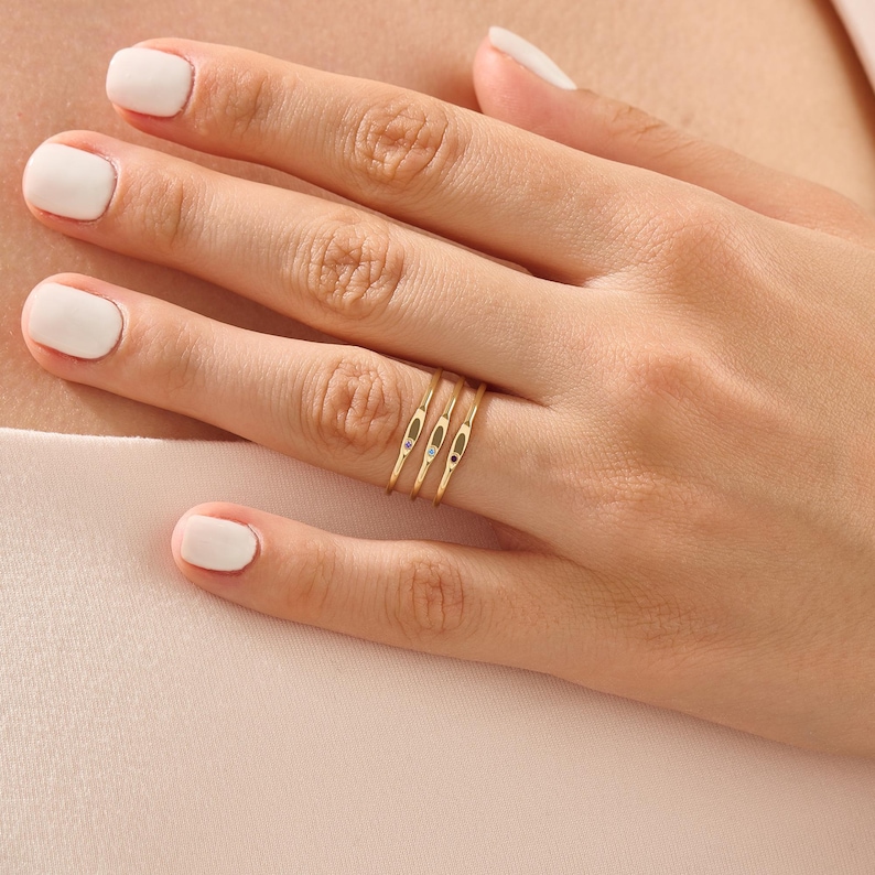 Dainty Birthstone Signet Ring | 10K Solid Gold Slim Letter Ring | Personalized Gemstone Pinky Band | Minimalist Gold Jewelry | Gift for Her image 2