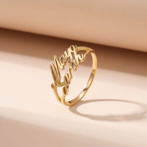 14K Solid Gold Two Name Ring, Personalized Multiple Name Ring For Women, Custom Script Font Crossover Jewelry, Mothers Day Gift For Her