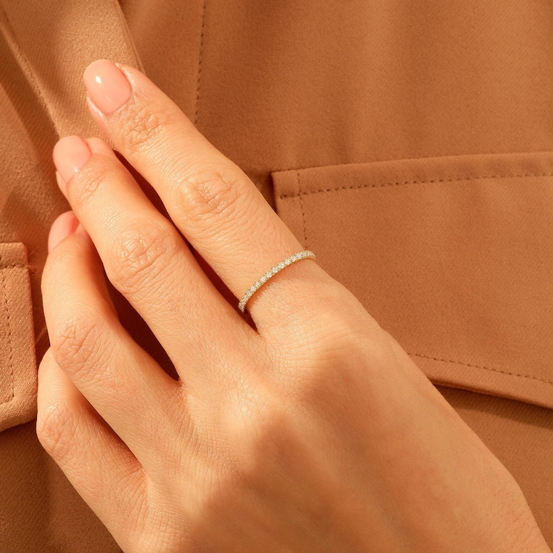 14K Solid Gold Diamond Ring, Moissanite Eternity Band For Women, Pave Wedding Band, Dainty Stacking Ring, Minimalist Bridal Promise Gift image 2