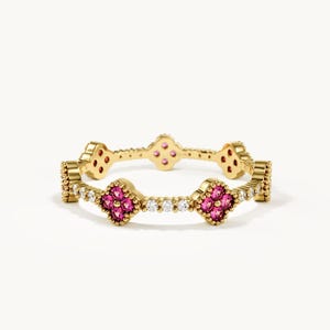 14K Solid Gold Pink Floral Eternity Ring, Dainty Stackable Flower Band, Handmade Pink Gemstone Ring, July Birthstone Ring, Anniversary Gift
