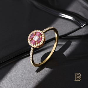 14Kソリッドゴールドルビーダイヤモンドリング、アールデコ調ピンクジェムストーンバンド、上品な7月誕生石ジュエリー、彼女へのファインゴールドプロミスリングギフト