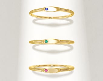 14k Solid Gold Tiny Birthstone Signet Ring, Plain Pinky Ring for Women, Small Personalized Gift Ring, Ultra Thin Daily Stacking Band Ring