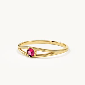 14k Solid Gold Evil Eye Lab-Created Ruby Ring, Minimalist Solitaire Gemstone Stacking Band