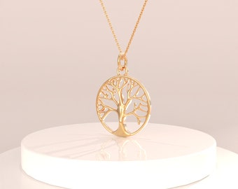 14k Tree of Life Pendant Necklace, Solid Gold Family Tree Necklaces for Women, Minimalist Dainty Charm, Spiritual Celtic Pendant for Her