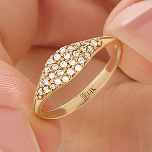 Moissanite Signet Pinky Ring in Solid Gold, Dainty Stackable Minimal Band