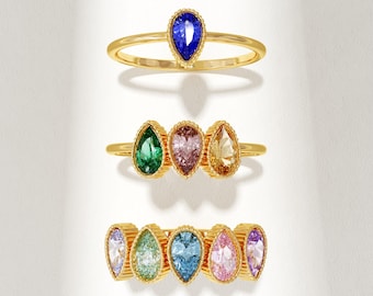 14k Solid Gold Family Birthstone Ring • Personalized Pear-Shaped Gem Ring for Mom • Kids Birthstone Jewelry • Birthday Gift for Wife