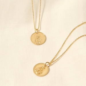 Solid Gold Mary and Jesus Pendant 14k Real Gold Virgin Mary Coin Necklace for Women Madonna Miraculous Medal Necklace Disc Everyday Charm image 8