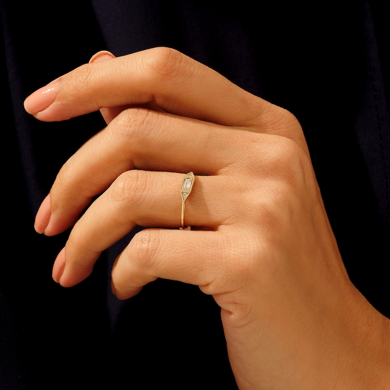 Solid Gold Baguette Signet Ring, 14k Minimalist Pinky Ring, Vintage Design Women Slim Statement Ring, Dainty Diamond Cz Stacking Band image 4