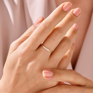 Wedding Band Ring 10k_14k_18k Solid Gold | Minimalist Wedding Ring for Women | Tiny Pave CZ Wedding Ring | Thin Stacking Band |Bridal Gifts