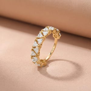 14K Solid Gold Trillion Cut Diamond Band, Unique Triangle Moissanite Eternity Ring, Geometric Half Eternity Wedding Band, Anniversary Gift image 1