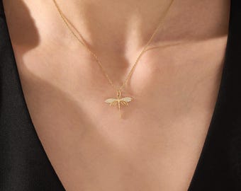 14k Solid Gold Dragonfly Necklace, Sparkling Dragonfly Pendant, Dainty Gold Insect Jewelry, Gold Symbolic Animal Charm,  Gift For Her