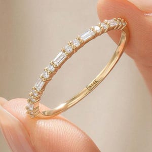 14K Solid Gold Baguette Ring, Ultra Thin Half Eternity Band, Skinny Lab Diamond Wedding Jewelry Gift Her