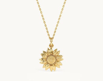 14K Solid Yellow Gold Sunflower Necklace | Dainty Flower Pendant, Botanical Charm, Nature Lover Gift