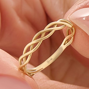 14K Solid Gold Celtic Knot Ring Handmade Braided Wedding Band Traditional Irish Jewelry Stacking