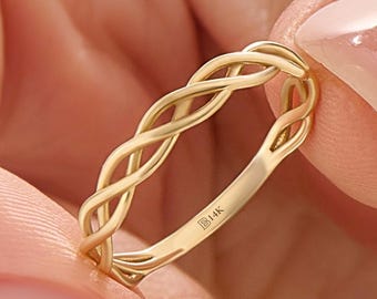 14K Solid Gold Celtic Knot Ring Handmade Braided Wedding Band Traditional Irish Jewelry Stacking
