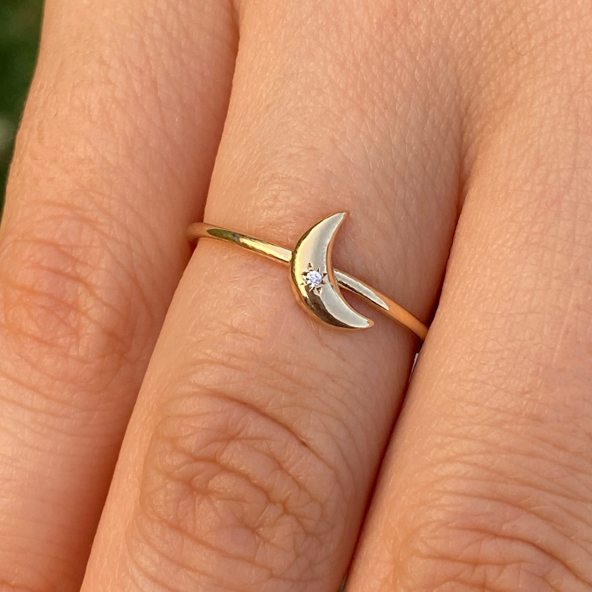 14k Solid Gold Moon Ring Dainty Ring Moon Design Ring Etsy