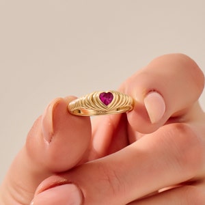 14k Ruby Heart Croissant Dome Ring, Lovely Pink Gemstone Statement Ring, Solid Gold Cute Love Heart Ring, July Birthstone Fashion Ring