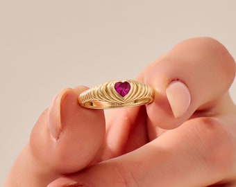 14k Ruby Heart Croissant Dome Ring, Lovely Pink Gemstone Statement Ring, Solid Gold Cute Love Heart Ring, July Birthstone Fashion Ring