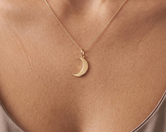 14K Solid Gold Crescent Moon Necklace, Dainty Celestial Pendant for Women, Moon Lover Gift, Christmas Jewelry