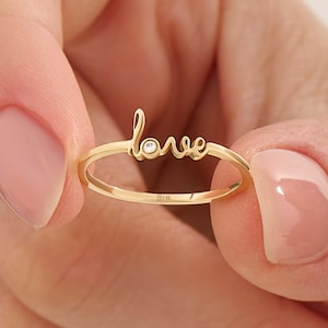 14k Solid Gold Love Script Ring – Minimalist Stacking Word Ring for Women, Dainty Fine Gold Statement Band, Elegant Jewelry Gift for Her