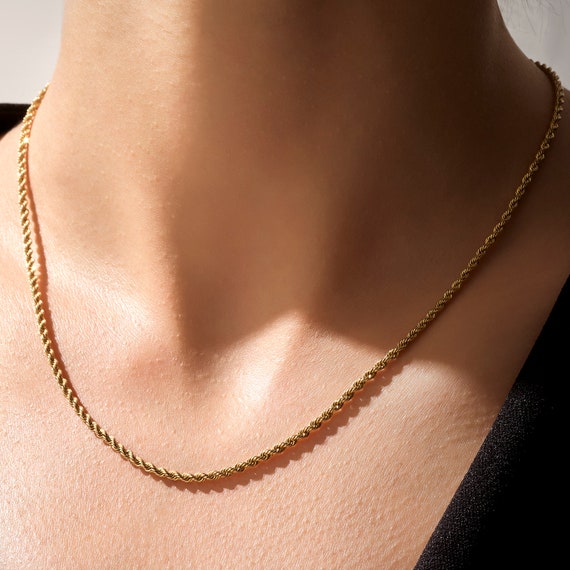 14K Solid Gold Rope Chain Necklace, Real 14K Gold Rope Chain