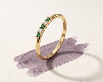 14K Solid Gold Emerald Diamond Stacking Ring | Lab Created Stones, Dainty May Birthstone Band