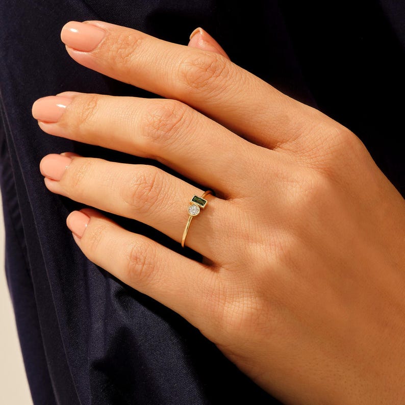 Toi et Moi Ring 14k Solid Gold, Emerald and Diamond Two Stone Ring, Bezel Set Wedding Band, Unique Anniversary Gift, Personalized Jewelry image 7