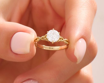 Anillo de compromiso de nudo celta de 14k, anillo de solitario redondo de oro macizo, anillo irlandés retorcido, anillo Cz de diamantes creado en laboratorio, regalo de joyería hecho a mano