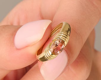 14K Solid Gold Padparadscha Sapphire Ring, Oval Dome Signet Ring for Women, Dainty Minimalist Gemstone Ring, Unique Gift for Her