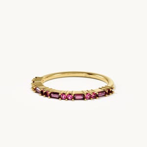 14K Solid Gold Ruby Eternity Band | Alternating Baguette & Round Red Stone Ring | July Birthstone Jewelry | Minimalist Stacking Band Gift