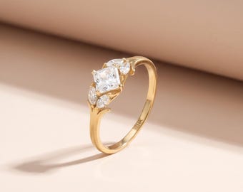 14K Solid Gold Lab Diamond Floral Engagement Ring, Princess Cut Lab Grown Diamond Ring, Unique Flower Cluster Ring, Nature Inspired Ring