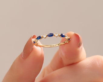 14k Solid Gold Sapphire Ring, Blue Sapphire Wedding Ring, Minimalist Marquise Band Eternity Ring, Dainty Stacking Ring,Jewelry Gifts for Her