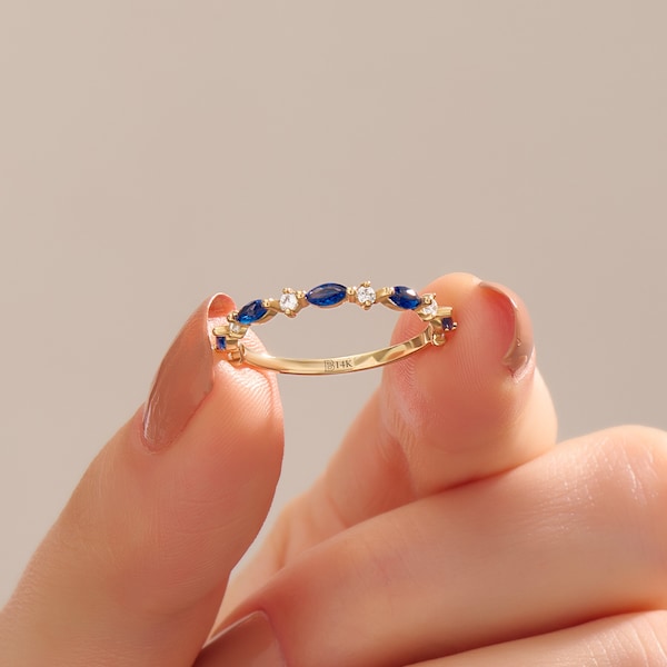 14k solid Gold Saphir Ring, blauer Saphir Ehering, minimalistische Marquise Band Eternity Ring, zierliche Stapelring, Schmuck Geschenke für sie
