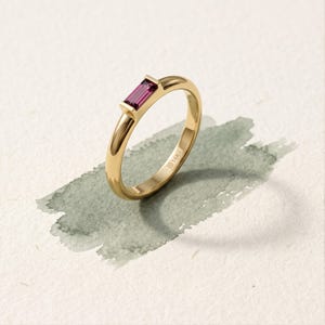14K Solid Gold Baguette Ruby Ring, Minimalist Pink Gemstone Stacking Ring, July Birthstone Jewelry, Thin Gold Solitaire Ring, Gift for Her