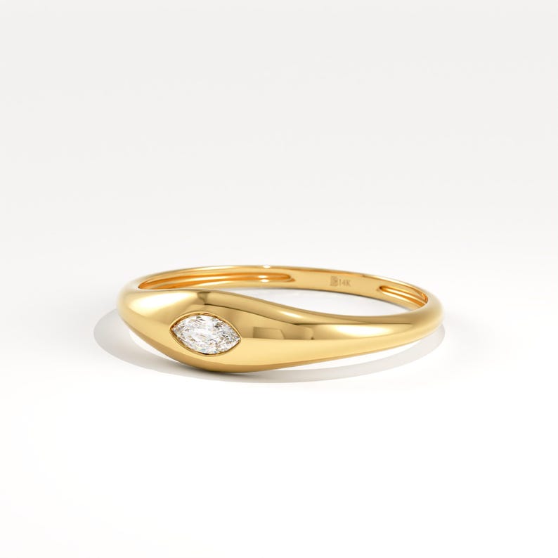 14K Gold Marquise Signet Ring, Chunky Bezel Pinky Ring for Women, Tiny Dome Statement Band, Minimalist Solid 18K Gold Jewelry Gift for Her image 2