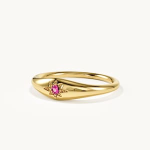 14Kソリッドゴールドの誕生石シグネットリング、繊細なスターバーストルビーサファイアエメラルドリング、ミニマルなピンキーリング（女性用）、お母さんへのギフト
