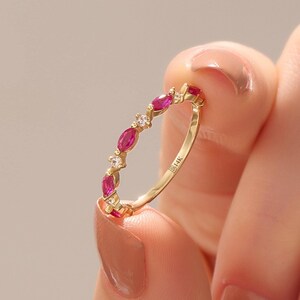 14k Solid Gold Ruby Ring Marquise Lab Created Ruby Band Dainty Stackable Ring Half Eternity Ring Unique Gold Stacking Ring Gift for Women
