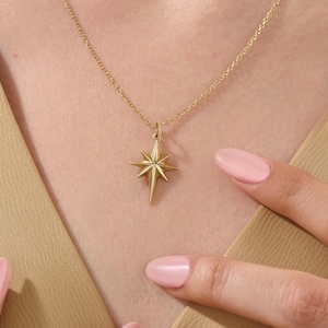 North Star Pendant Necklace 14k Solid Gold Polaris Star Necklace for Women Gold Minimalist Starburst Charm Pendant Her Handmade Jewelry Gift