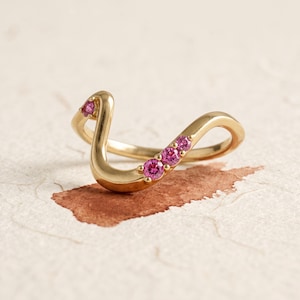 14K Solid Gold Lab Ruby Ring | Dainty Wavy Curved Stacking Band, July Birthstone Gift