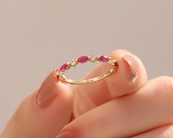 14k Gold Ruby Wedding Ring, Solid Gold Minimalist Ruby Ring, Marquise Cut Eternity Ring, Pink Gemstone Ring, Womens Dainty Stacking Ring