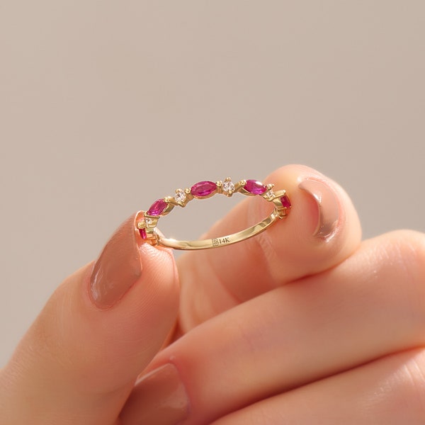 14k Gold Ruby Wedding Ring, Solid Gold Minimalist Ruby Ring, Marquise Cut Eternity Ring, Pink Gemstone Ring, Womens Dainty Stacking Ring