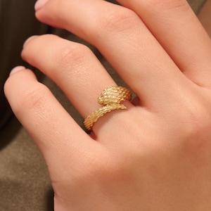 Peut inclure: Une bague dorée présentant un design texturé et enveloppant qui ressemble à un animal ou un serpent enroulé. La surface du métal possède une finition mate et brossée avec des motifs complexes et répétitifs en forme d'écailles sur tout l'anneau.