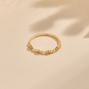 14k Gold Dainty Leaf Wedding Ring, Solid Gold Delicate Design Marriage Ring, Stackable Tiny Cz Layer Ring, Lab Created Diamond Handmade Ring image 8