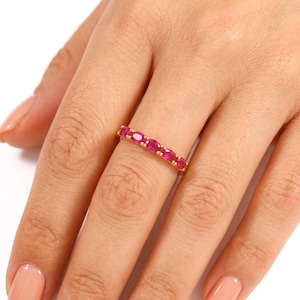 14K Solid Gold Ruby Ring, 5 Stone Ruby Band, July Birthstone Ring, Dainty Stacking Ring, Minimalist Gold Ring for Women, Birthday Gifts